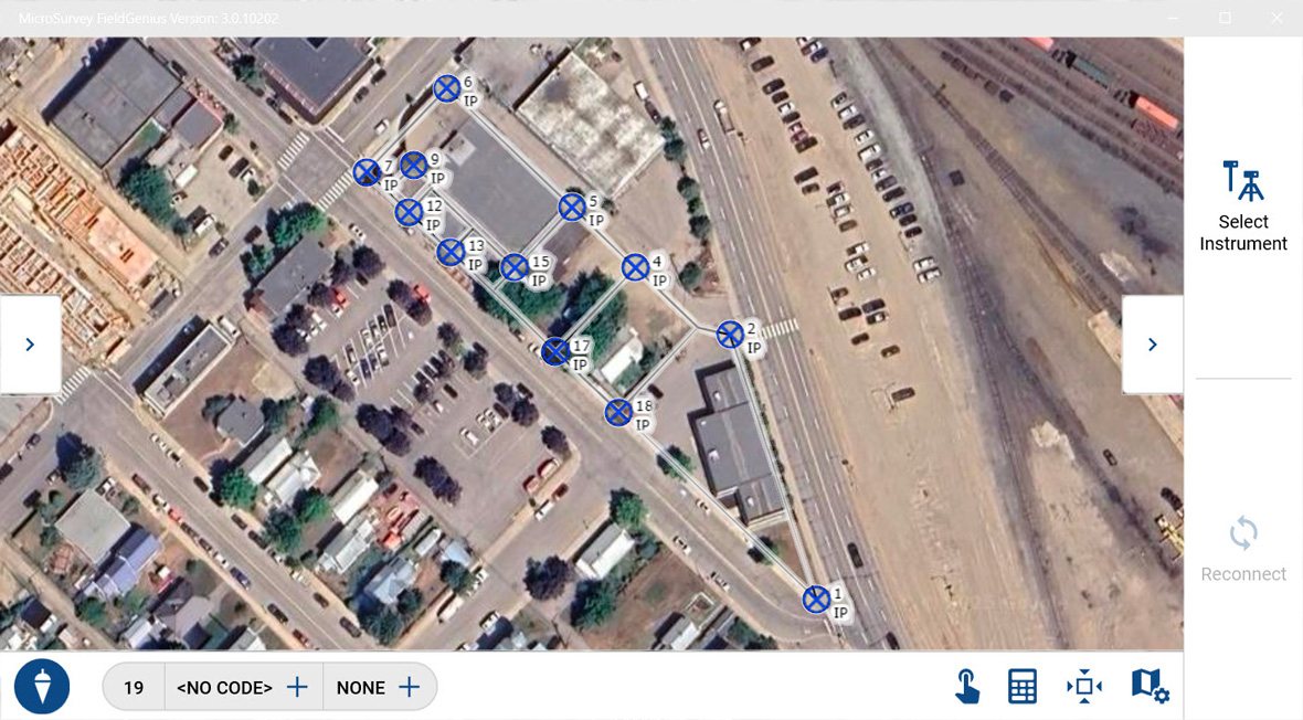 FieldGenius map screen showing a survey over aerial imagery