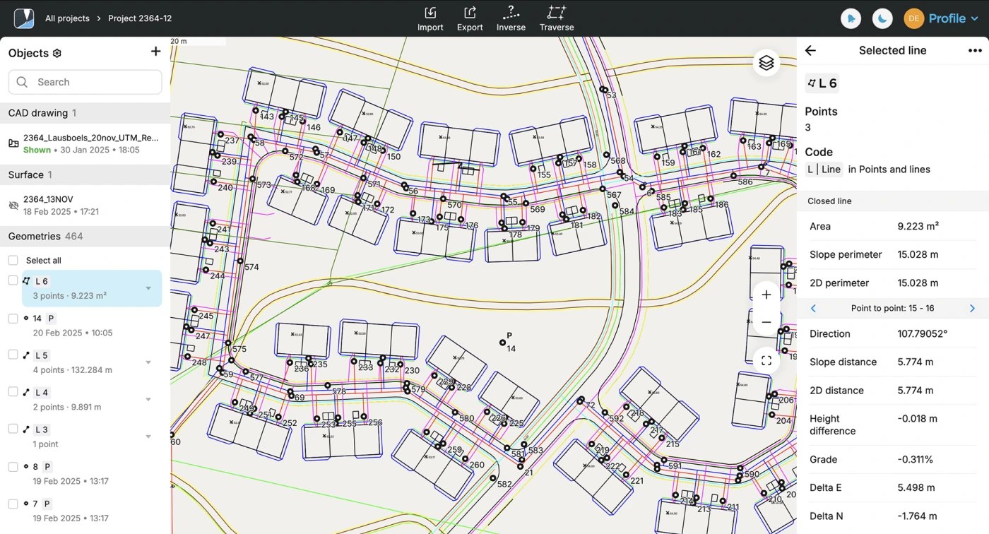 Emlid Flow 360 in a browser showing a subdivision layout with lots, lines and staked points