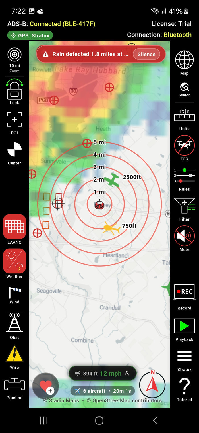 Drone Pilot ADS-B app showing nearby aircraft and a rain alert